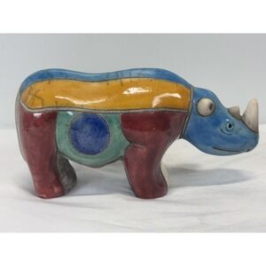 Vtg Fenix Rake Pottery Rhino Rhinoceros Signed South Africa Colorful